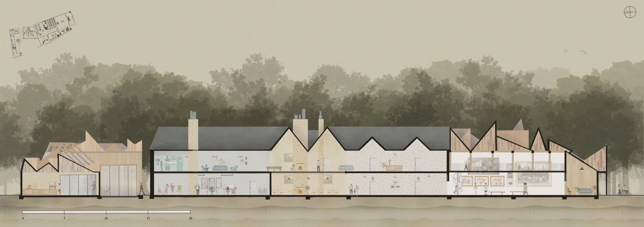 Long section drawing of the Craft Cabin - timber workshop rising over retained sandstone walls.