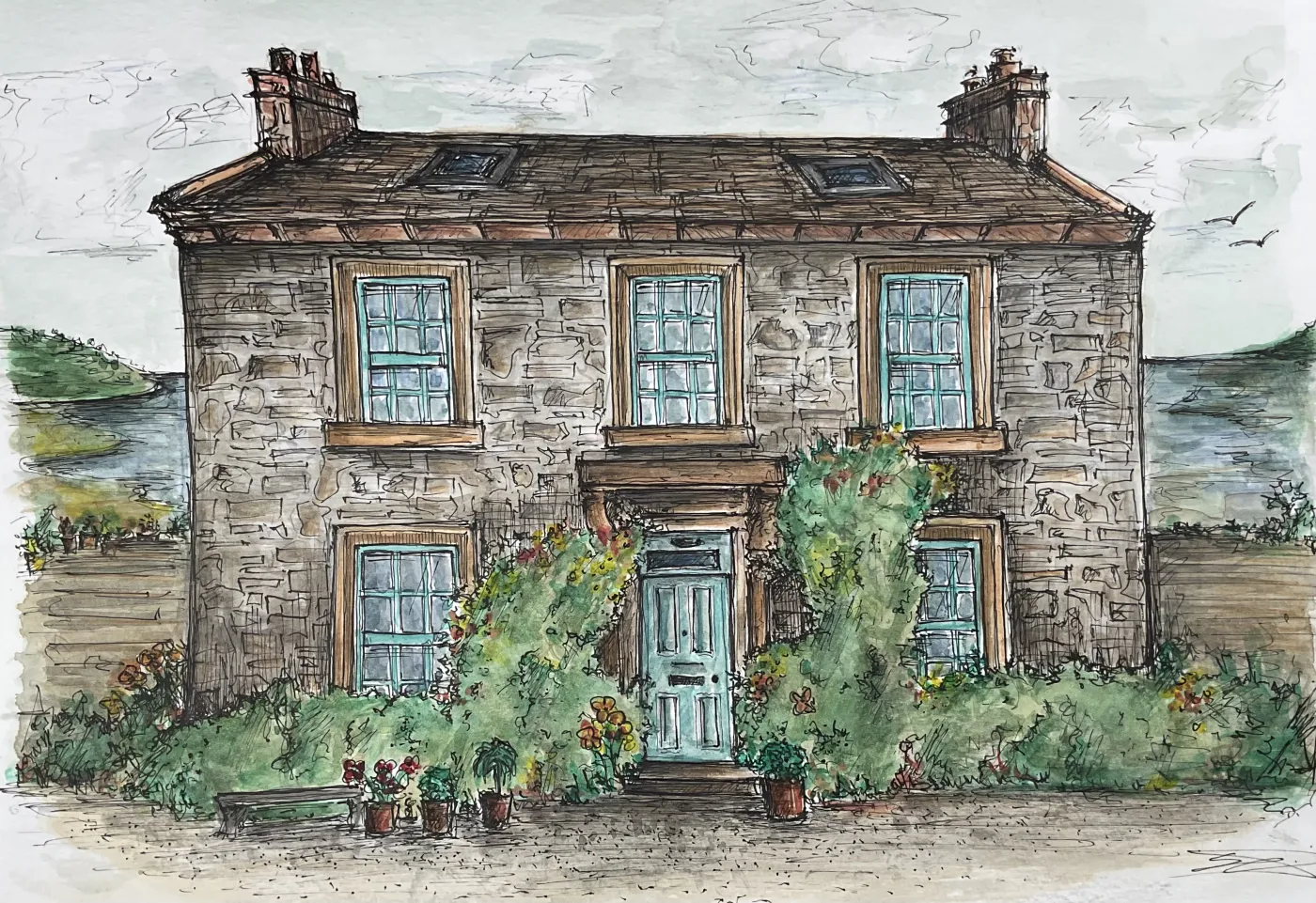 Watercolour portrait of a stone farmhouse with mint sash windows.