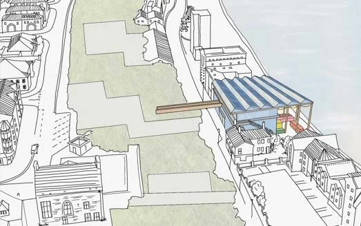 Aerial axonometric drawing of the Salt Centre - new sawtooth canopy over the existing factory.
