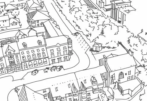 Historic axonometric of the existing salt factory and quayside buildings before intervention.