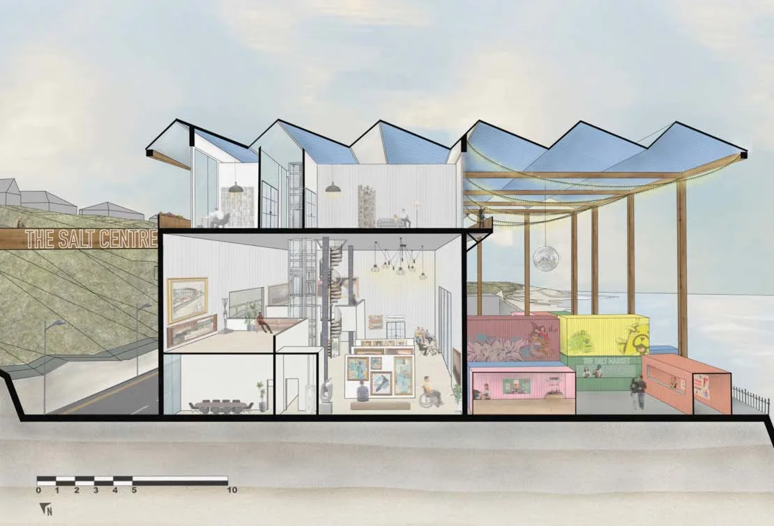 Long cross-section through the Salt Centre - gallery, market and container yard, with a ten-metre scale bar.