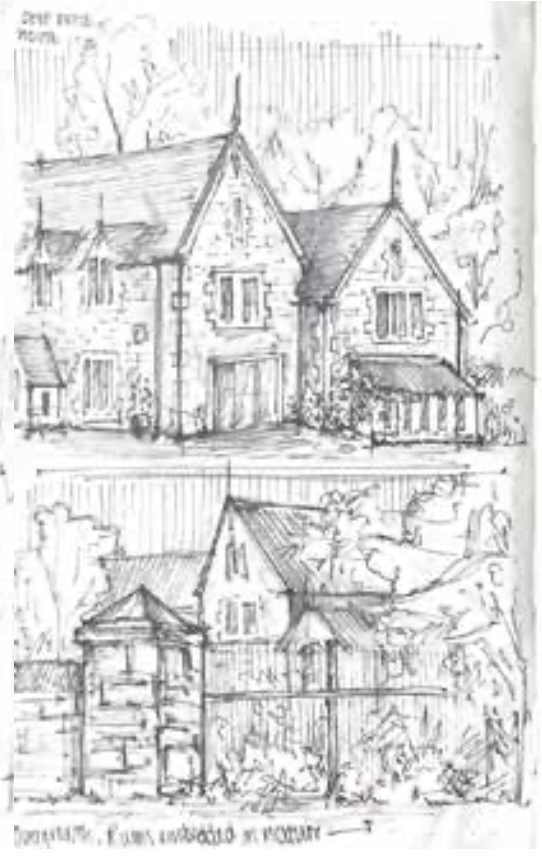 Sketchbook spread with gabled house studies.
