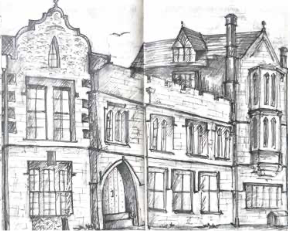 Ink and wash study of a historic facade.