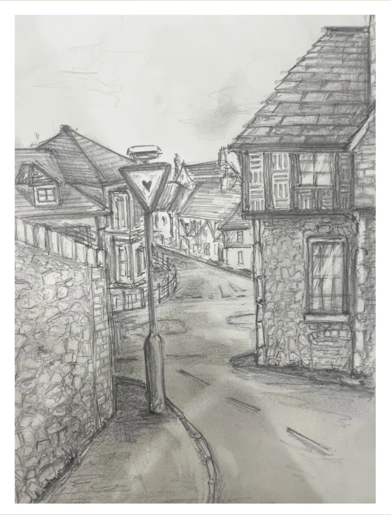 Pencil perspective down a steep village street flanked by stone houses.