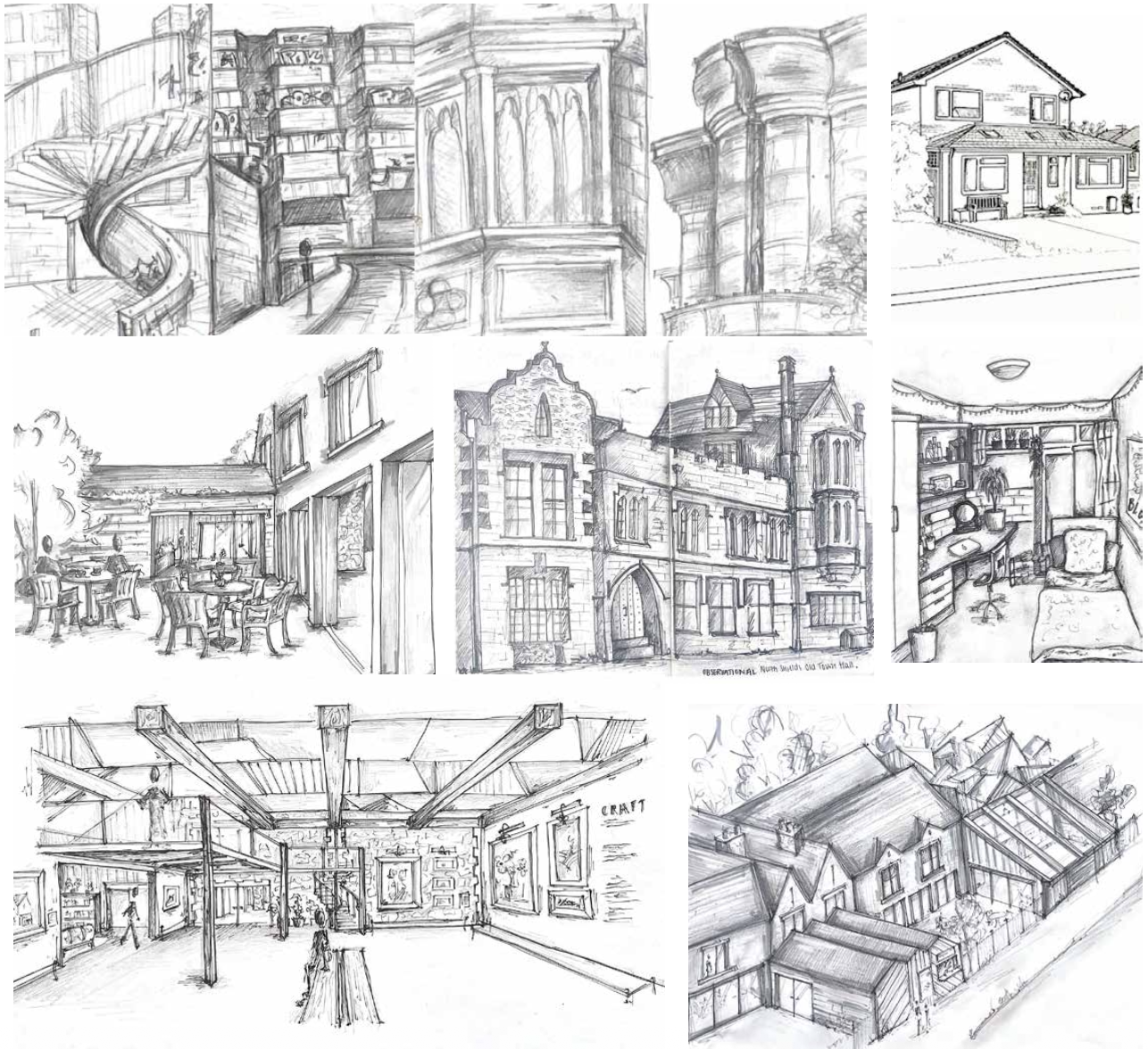 Composite of sketchbook pages showing mixed ink and watercolour studies.