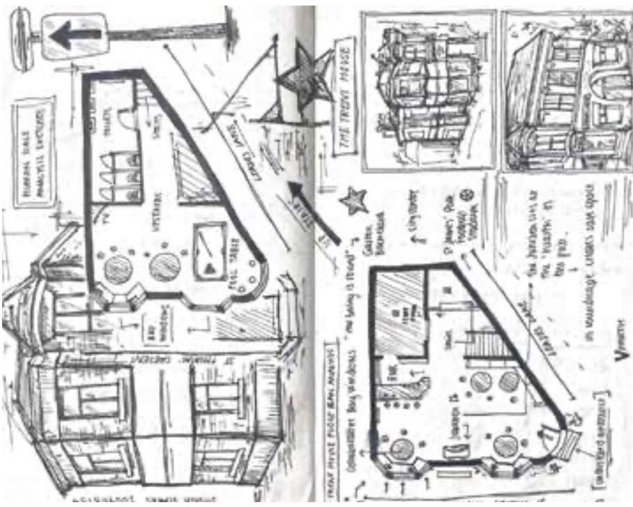 Plan and elevation sketches of a corner urban condition.
