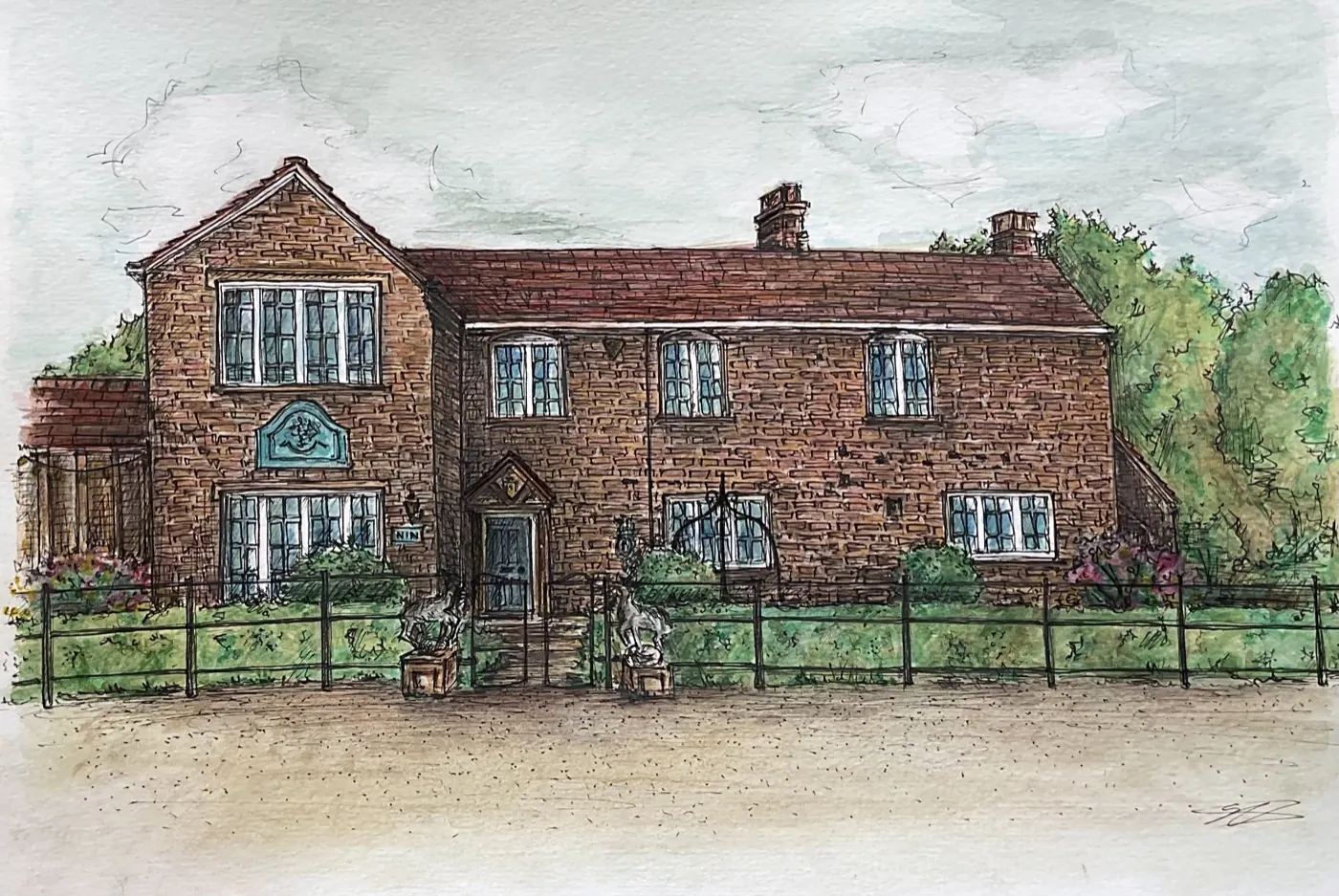 Watercolour of a brick farmhouse in rural Sussex with pitched roofs and chimneys.