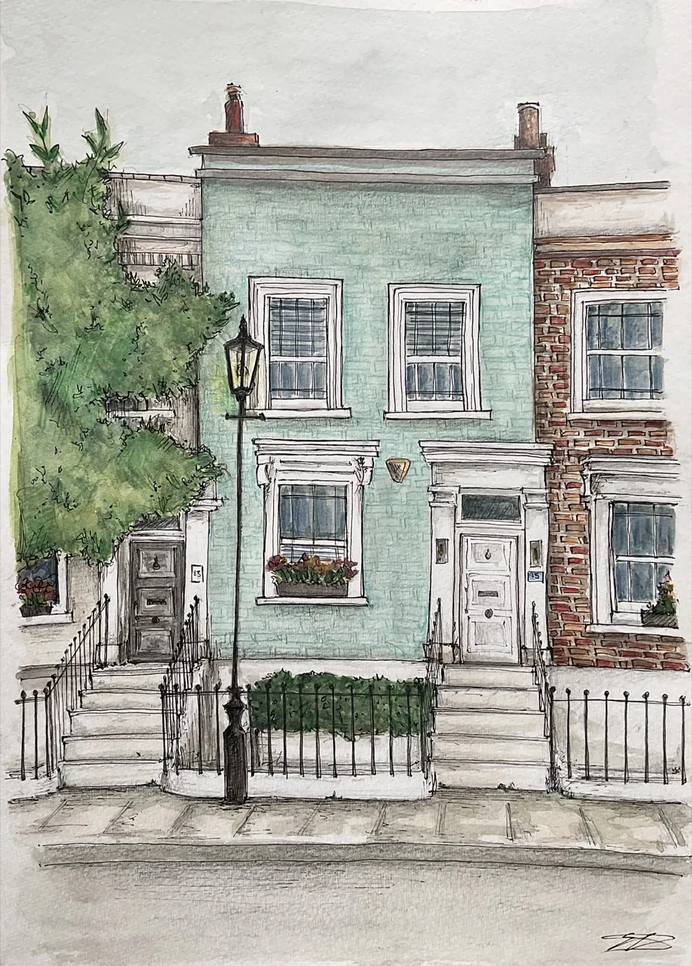 Watercolour of a mint-green terraced townhouse with ironwork railings.
