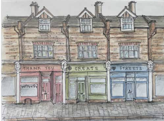 Ink and watercolour study of a row of London terraced houses for Create Streets.