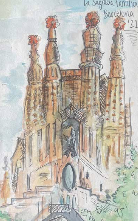Watercolour travel study of the Sagrada Familia facade, Barcelona.